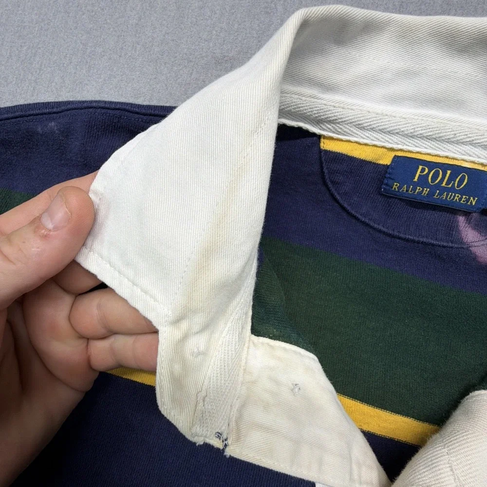 Polo Ralph Lauren Men's XXL Rugby Polo Shirt Striped Blue Green BLEACH